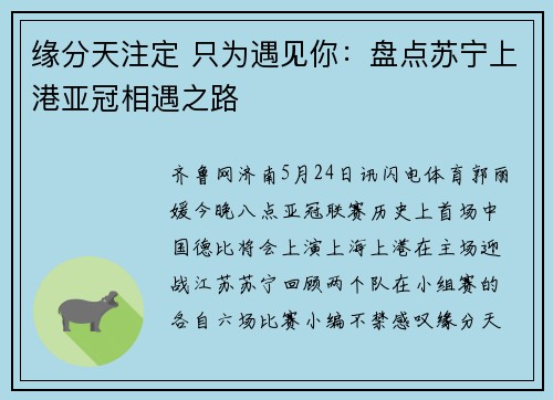 缘分天注定 只为遇见你：盘点苏宁上港亚冠相遇之路