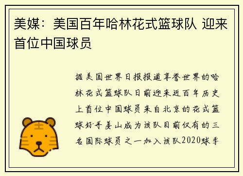 美媒：美国百年哈林花式篮球队 迎来首位中国球员