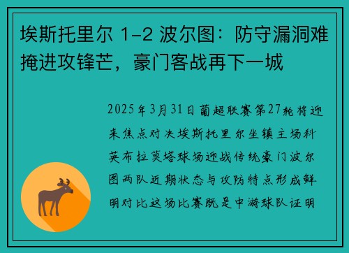 埃斯托里尔 1-2 波尔图：防守漏洞难掩进攻锋芒，豪门客战再下一城