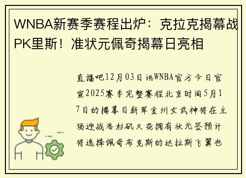 WNBA新赛季赛程出炉：克拉克揭幕战PK里斯！准状元佩奇揭幕日亮相