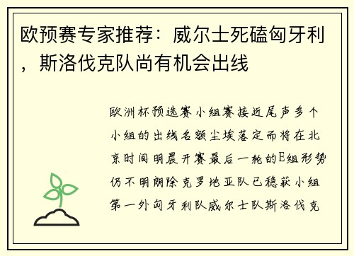 欧预赛专家推荐：威尔士死磕匈牙利，斯洛伐克队尚有机会出线