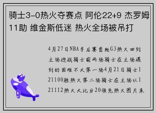 骑士3-0热火夺赛点 阿伦22+9 杰罗姆11助 维金斯低迷 热火全场被吊打